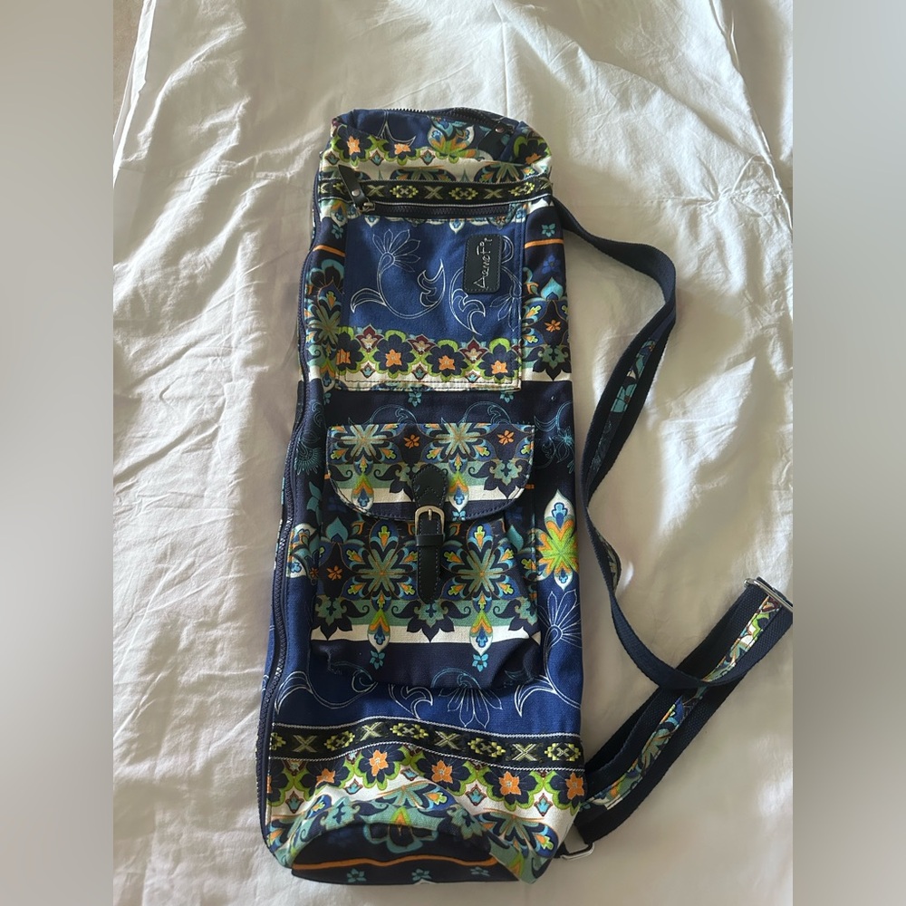 Floral Patterned Blue Yoga Mat Shoulder Bag with Pockets